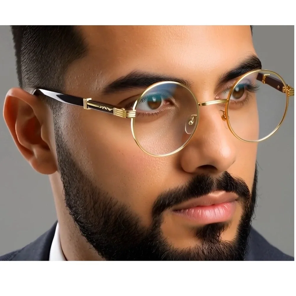Round Glasses Gold Frame Wood Accent Clear Lens‎ Men's Fashion Hip Hop Festival